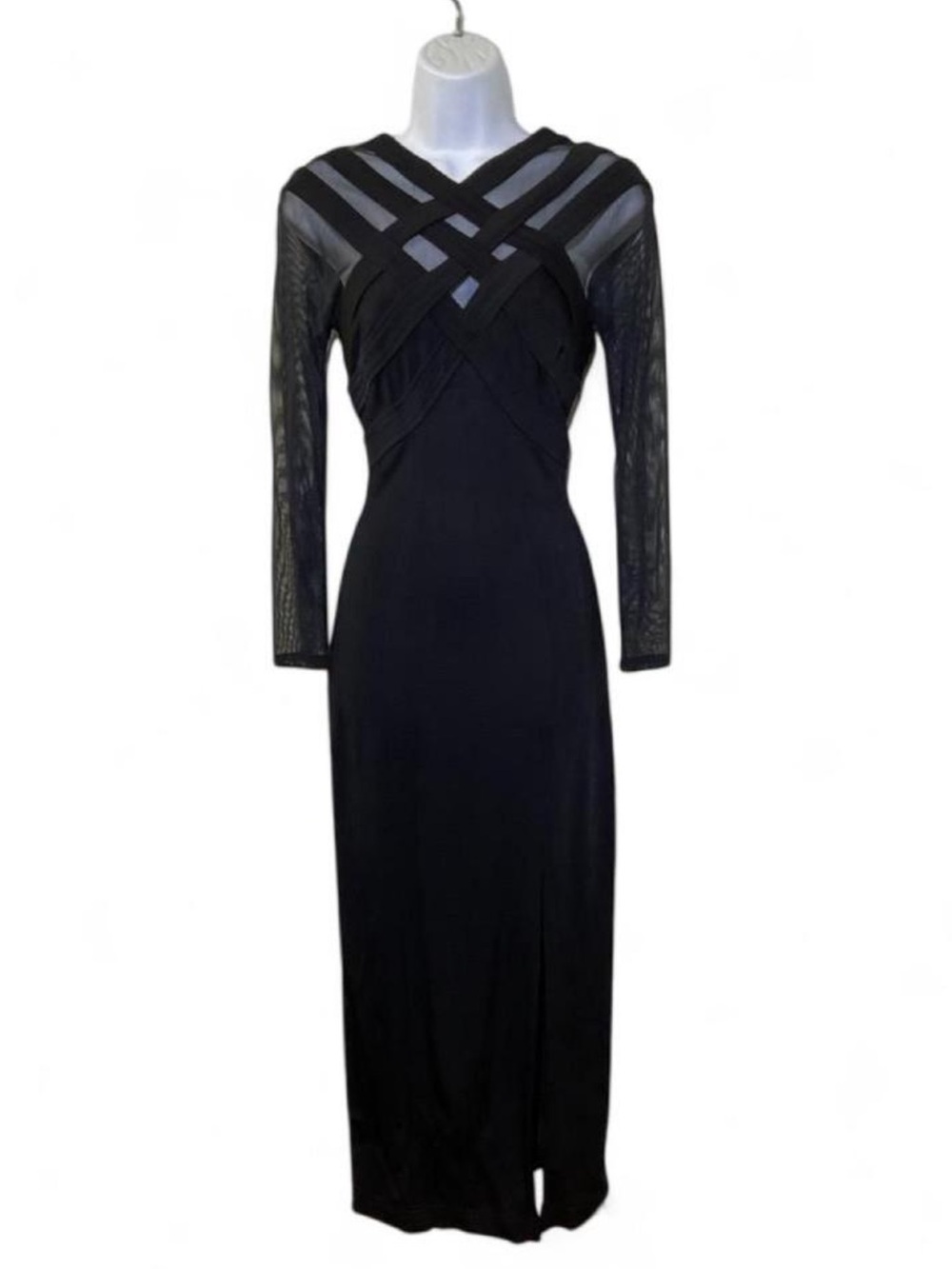 Tadashi Shoji Black Long-Sleeve Crisscross Mesh Evening Gown